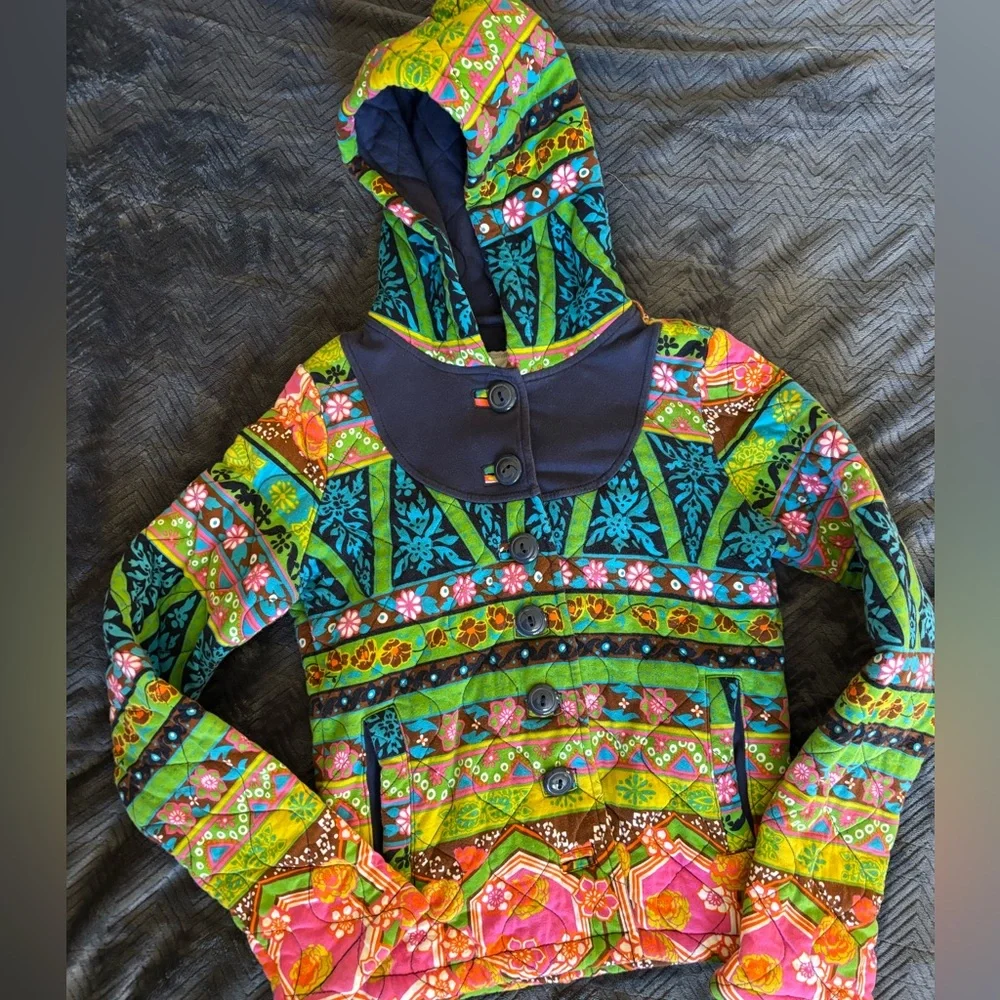 Allihop Quilted Hooded Cotton Jacket Boho Patchwork Colorful Coat - Picture 1 of 12